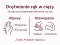 Ilustracja przedstawia objawy i rozwiązania drętwienia rąk: dłoń z mrowieniem i sztywnością, masaż i ćwiczenia.