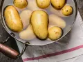 Kleine, gelbe Kartoffeln liegen in Wasser in einem Topf. Sie sind bereit, um sie zu kochen.