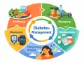 Kreislauf für Diabetes-Management: Ernährung, Bewegung, Medikamente, Entspannung & Schlaf, Monitoring.