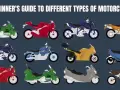 Guida ai diversi tipi di moto: sportive rosse, touring verdi, naked blu e gialle, scooter blu, da cross arancioni e marroni.
