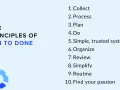 The Principles of Zen to Done: a list of 10 steps from Collect to Find your passion, guiding you to a simple, trusted system.