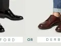 Scarpe Oxford nere eleganti con pantaloni classici, o scarpe Derby marroni casual con jeans.