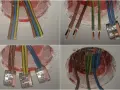 Cztery zbliżenia na instalację elektryczną: przewody w puszce, połączone złączkami.