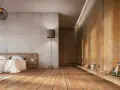 Nowoczesna sypialnia z betonową ścianą i panele podłogowe na ścianie w ciepłym odcieniu drewna.