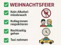 Checkliste für eine Weihnachtsfeier: Kein Alkoholmissbrauch, Respekt, pünktlich gehen, Taxi nehmen. Beachten Sie das Jugendschutzgesetz bei Alkohol auf privaten Feiern.