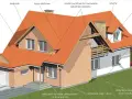 Nadproże nad drzwiami garażowymi, element konstrukcyjny domu z cegły, z pomarańczowym dachem i lukarnami.