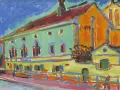 Une maison aux couleurs vives, typique de l'expressionnisme allemand, avec un ciel bleu intense et des touches de rouge, jaune et vert.
