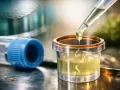 Kropla płynu z pipety wpada do naczynia laboratoryjnego z żółtym płynem.