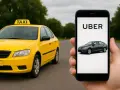 Żółta taksówka i smartfon z aplikacją Uber. Rozważasz koszty firmy jednoosobowej taxi?