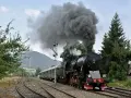 Czarny, parowy pociąg retro z wagonami, wydobywający kłęby dymu, jedzie po torach wśród zieleni i gór.