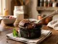 Un fondant au chocolat fumant, cœur coulant, prêt à être dégusté. Une cuillère y plonge, révélant sa richesse.