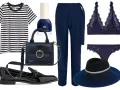 Conjunto elegante: camiseta a rayas, pantalón azul marino, lencería de encaje, bolso, zapatos y sombrero. El azul y negro combinan a la perfección.