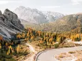 Malownicza droga w Dolomitach, otoczona jesiennymi drzewami, idealne miejsce na camping.