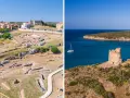 Sant'Antioco, la città più antica d'Italia, mostra le sue rovine archeologiche e la sua torre costiera affacciata sul mare blu.