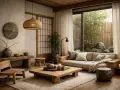 Soggiorno in stile Japandi con divano, tavolino basso in legno, sedia in paglia e vista su un giardino zen.