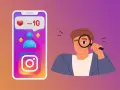 Mann mit Lupe schaut auf Instagram-App mit Herz und -10 Followern.