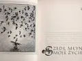 Ilustracja do wiersza Jana Twardowskiego: wiatrak i stado ptaków w locie. "Zedł młyn moje życie".
