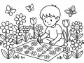 Un jeune garçon, parfait pour les débutants en dessin noir et blanc, dessine des fleurs et des papillons dans un jardin.
