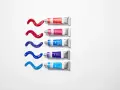 Des tubes de gouache ou acrylique Caran d'Ache libèrent des traînées de couleurs vives : rouge, magenta, bleu outremer, violet et cyan.