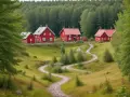 Röda hus i Småland, slingrande väg genom grönskande landskap. Perfekt för udda utflykter småland.