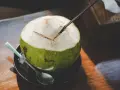Une noix de coco fraîchement ouverte, prête à être dégustée. L'eau de coco, promesse d'une hydratation pure, est un délice qui ne trompe jamais.