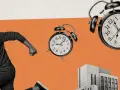 Hombre corriendo contra el tiempo en hora pico luz. Relojes antiguos flotan alrededor de un edificio moderno.