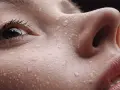 Zbliżenie na twarz z kroplami potu. Czy to sebum? Skóra błyszczy, widać pory i rzęsy.