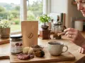 Une femme ajoute une cuillère de poudre à sa tasse de café, entourée de champignons médicinaux comme le chaga, pour profiter de ses bienfaits.