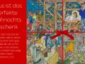 Weihnachtsbild mit Krippenszene und Menschenmenge, umrahmt von roten Bändern. Text zitiert Johannes 3,16: "Denn also hat Gott die Welt geliebt...