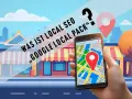 Hand hält Smartphone mit Karte, Fragezeichen und Ortsmarkierung. Text: "Was ist Local SEO, Google Local Pack?".