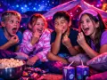 Fyra barn skrattar högt i ett mysigt fort med popcorn och dryck. Perfekt för roliga frågor till barn!