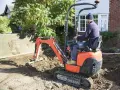Un ouvrier manœuvre une mini-pelle orange pour des travaux de terrassement. Le prix du terrassement au m2 est une préoccupation pour ce chantier.