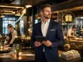 Mężczyzna w garniturze analizuje wykresy i stos banknotów, zastanawiając się, ile zarabia team leader w branży gastronomicznej.