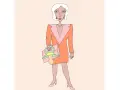 Eine Frau im orangefarbenen Kleid mit Schnuller-Handtasche, die den "Mama Burnout" symbolisiert.