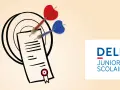 Dardos rojos y azules apuntan a un documento con un sello, simbolizando el éxito en el examen DELF Junior Scolaire, un título de francés.