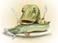 Ein grüner Hecht mit Messer und Gabel sitzt auf einem Teller, bereit, einen anderen Hecht zu fressen. Ein kleiner Fisch liegt daneben.