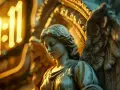 Kamienna rzeźba anioła, w tle świecące "11:11", symbolizujące 444 znaczenie i duchowe przebudzenie.