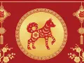 Czerwony pies, symbol chińskiego znaku zodiaku 2007, w złotym okręgu. Złote ozdoby i kwiaty wiśni dopełniają świąteczną kompozycję.