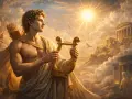 Apollo, bóg słońca i muzyki, z lirą w dłoniach, na tle niebiańskich krajobrazów. Mit o Apollo ożywa w blasku słońca.