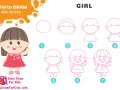 Un dessin fille couleur montre les étapes pour dessiner une petite fille. Le résultat final est une adorable fillette souriante.