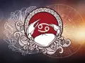 Symbol Raka, waga znak zodiaku, otoczony kryształami i spiralnymi wzorami, na tle koła zodiaku.
