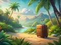 Walizka czeka na przygodę. Dominikana wakacje marzeń, z palmami i górami w tle, zapraszają do odpoczynku.