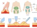 Anleitung: wie spritze ich Insulin richtig in den Oberschenkel. Zeigt Hautfalte, Injektionswinkel (90°/45°), Nadellänge und Körperstellen.