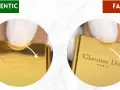 Confronto tra un dettaglio autentico e uno falso di un accessorio firmato Dior azienda. Si notano differenze nella finitura e nella precisione del logo.