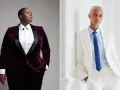 Dos modelos, uno con traje de terciopelo burdeos y otro con traje blanco, ambos con camisas y corbatas, proyectan una imagen de elegancia andrógina.