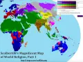 Mapa świata Scolberta08 przedstawia rozmieszczenie religii świata. Kolory oznaczają różne wyznania, od chrześcijaństwa po islam i buddyzm.