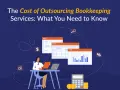 A woman works at a desk with a laptop, surrounded by financial charts and icons. The image illustrates the cost of outsourcing bookkeeping services.