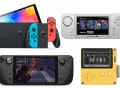 Comparativa de las mejores consolas portátiles: Nintendo Switch, Steam Deck, Evercade EXP y una retro amarilla.