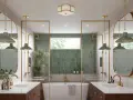 Elegant bathroom with dual vanities, a freestanding tub, and green tiled showers. Learn how to hang a bathroom mirror in this stylish space.