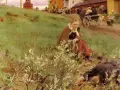En kvinna sitter i gräset, en man ligger orörlig framför henne. Scenen påminner om hur Zorn ofta målade livet på landsbygden.